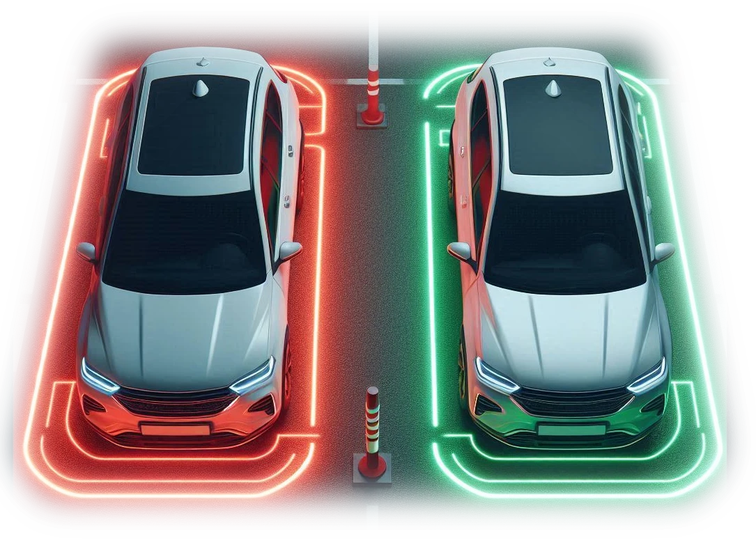 Dos carros — uno con brillo de neón rojo (restringido) y otro con brillo verde (permitido)